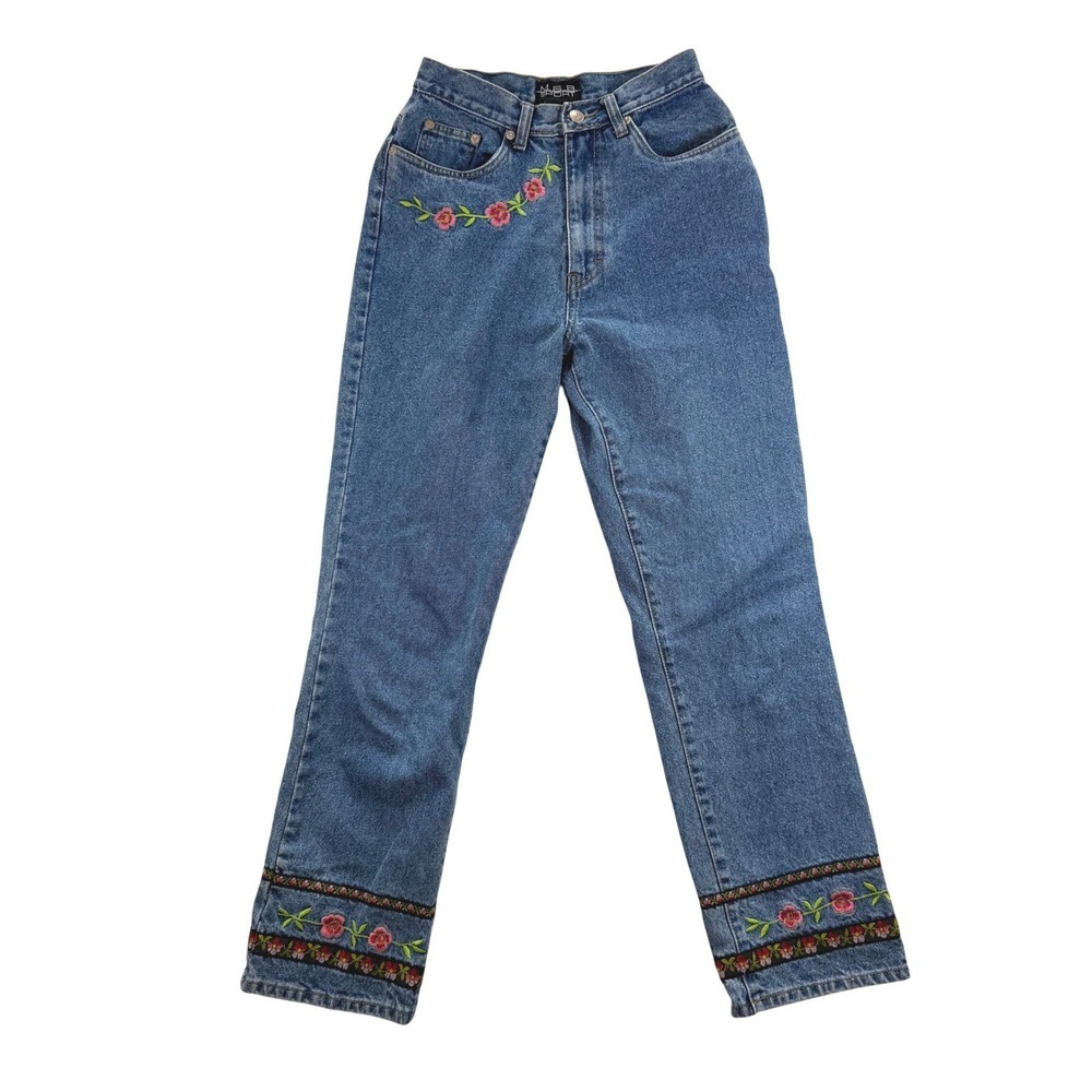 MSB Sport Vintage High Waisted Floral Embroidered Straight Leg Jeans Blue Size 4
